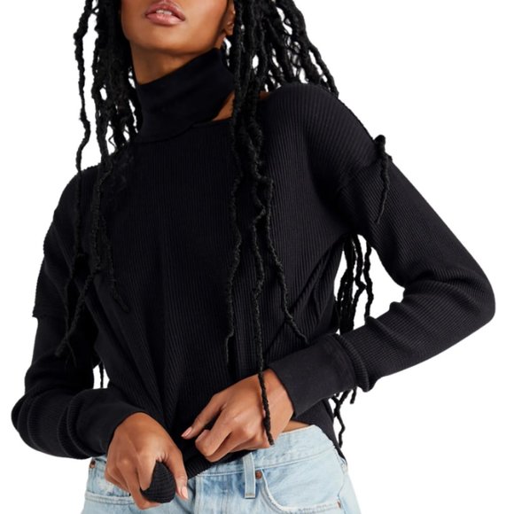 NWT [FREE PEOPLE] Just for You Cutout Thermal Turtleneck Top (Black, XS) - Picture 1 of 2